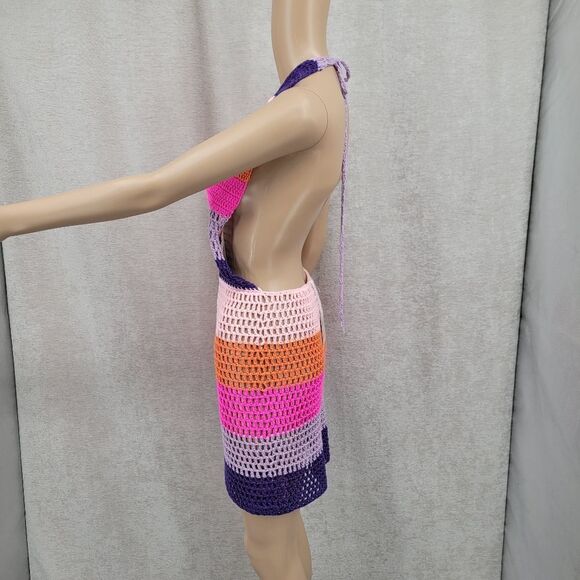 Davi & Dani Colorful Crochet Halter Dress Beach Swimsuit Cover Up Open Back NEW - Picture 5 of 11